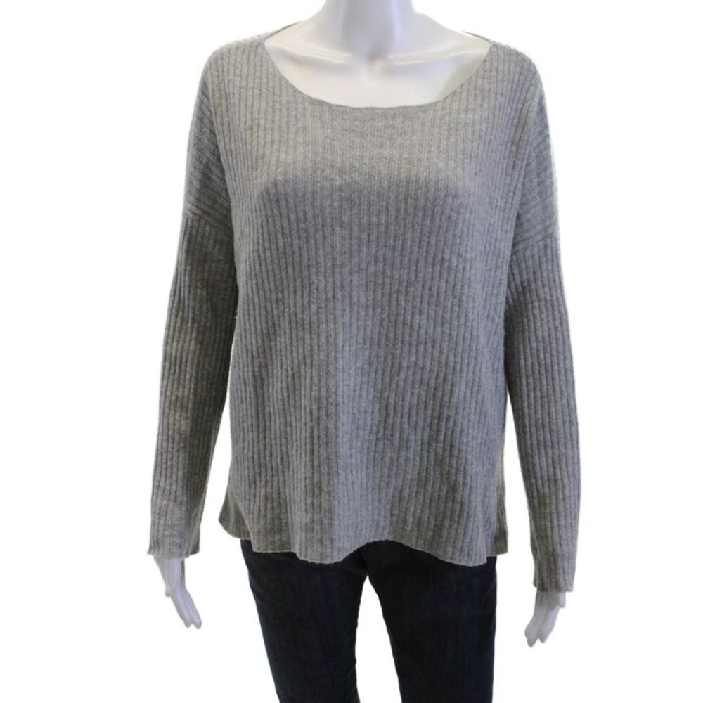 Revive Cashmere 100% Cashmere Striped Pullover Sweater Gray Round Neck Size S